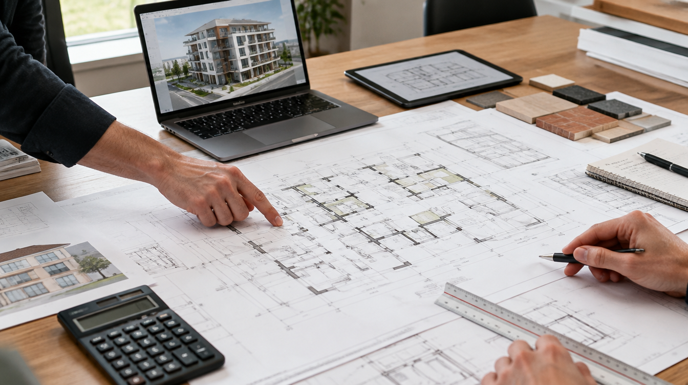 Projektplanung bei Buling Bau: Grundrisspläne am Tisch mit Laptop und Materialmustern
