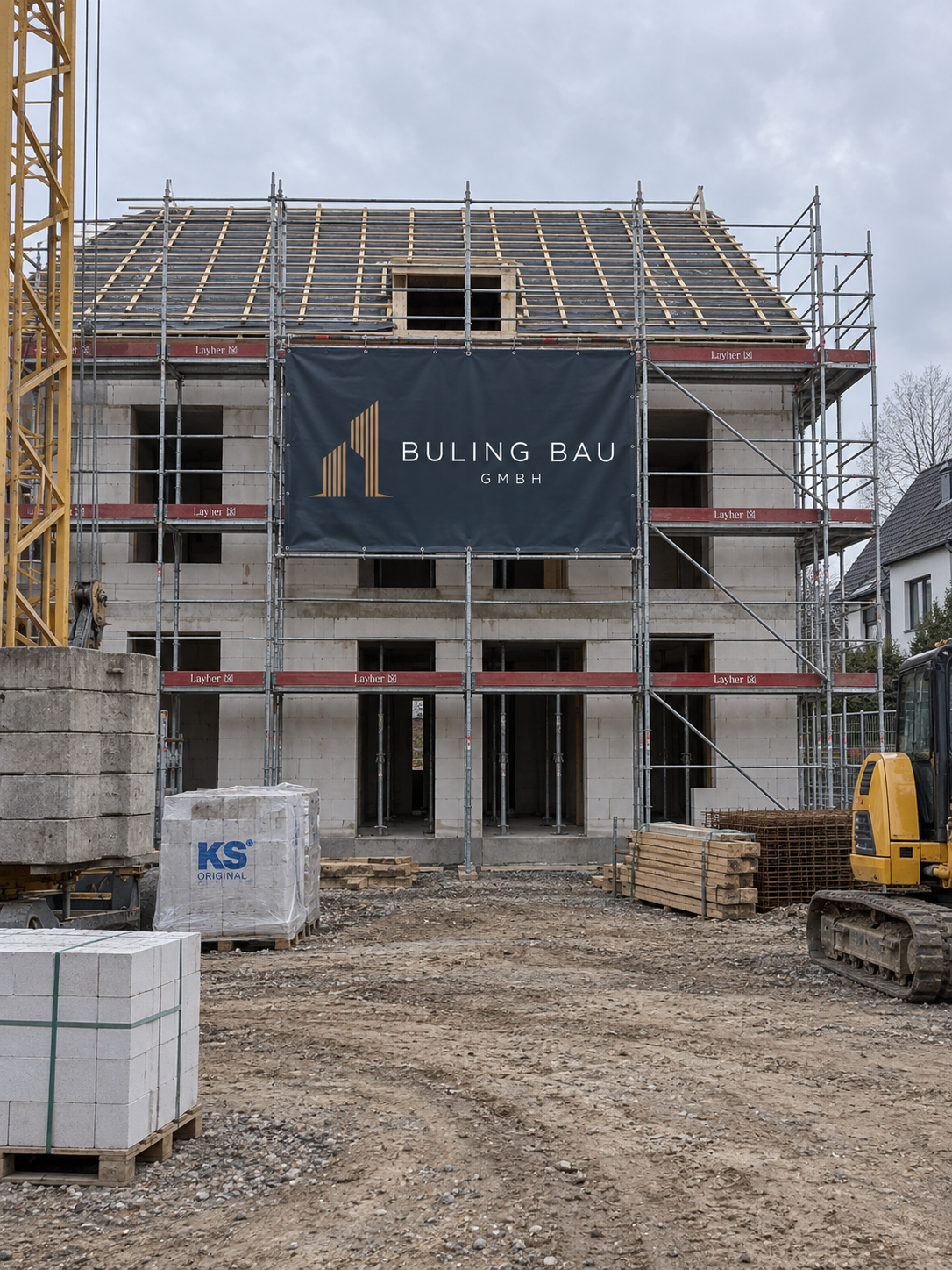Rohbau einer Baustelle von Buling Bau mit Kran und Gerüst