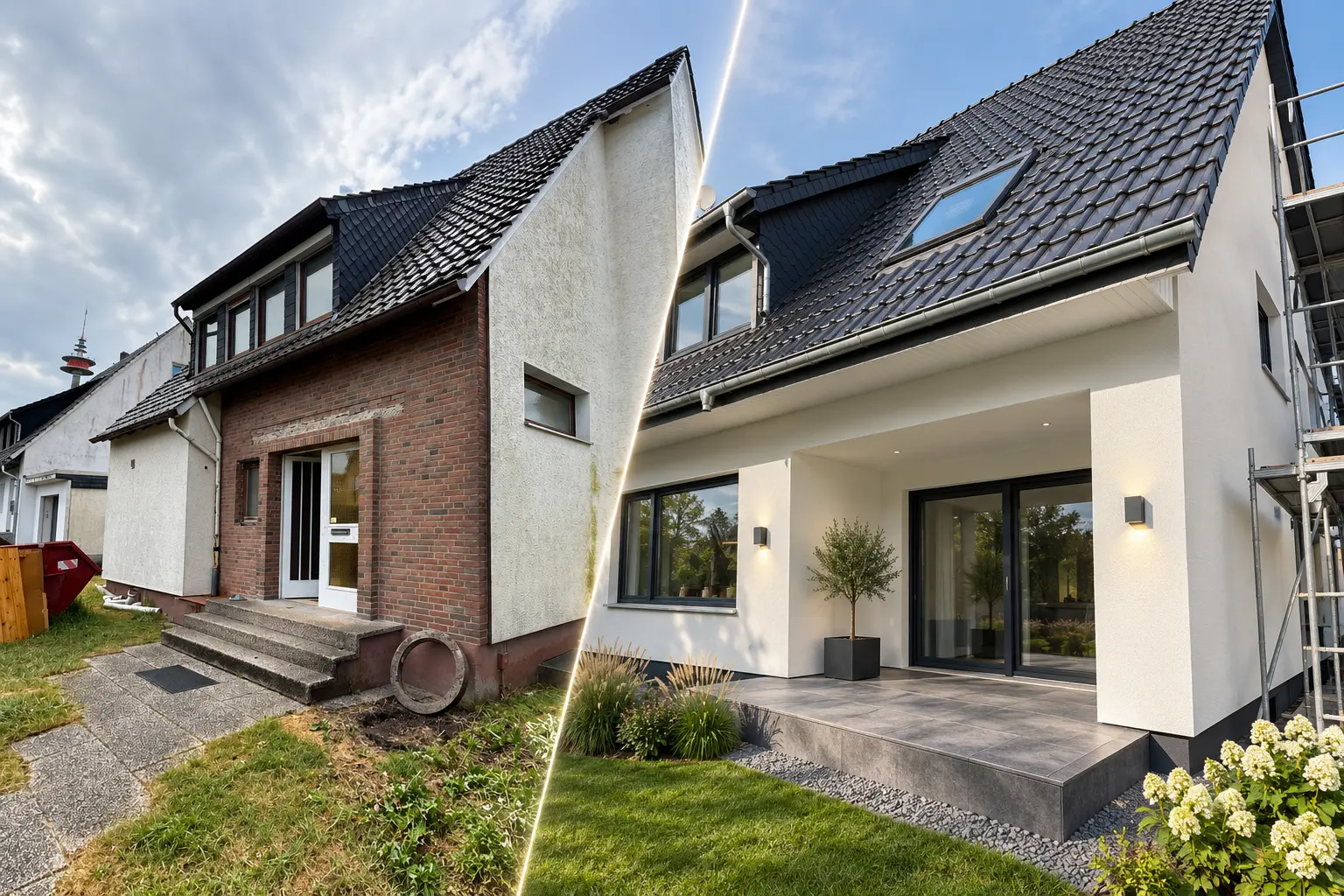 Energetische Sanierung eines Wohnhauses: Fassade vorher und nachher